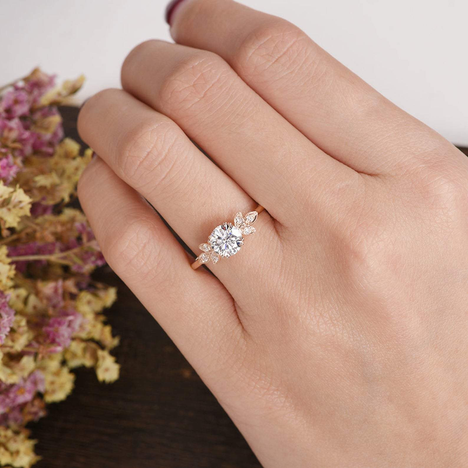 Round Cut Lab Diamond Engagement Ring, Unique Art Deco Design