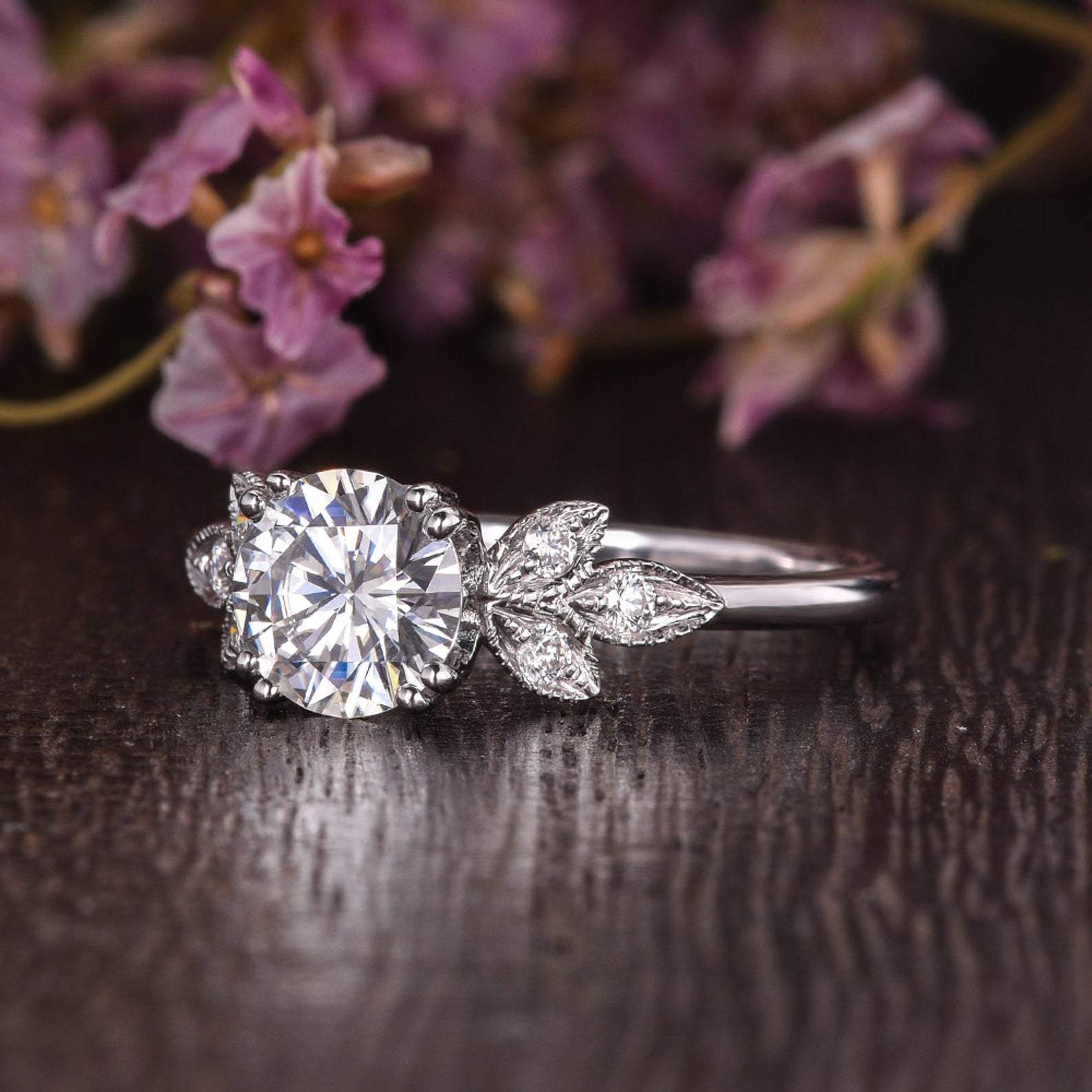 Round Cut Lab Diamond Engagement Ring, Unique Art Deco Design