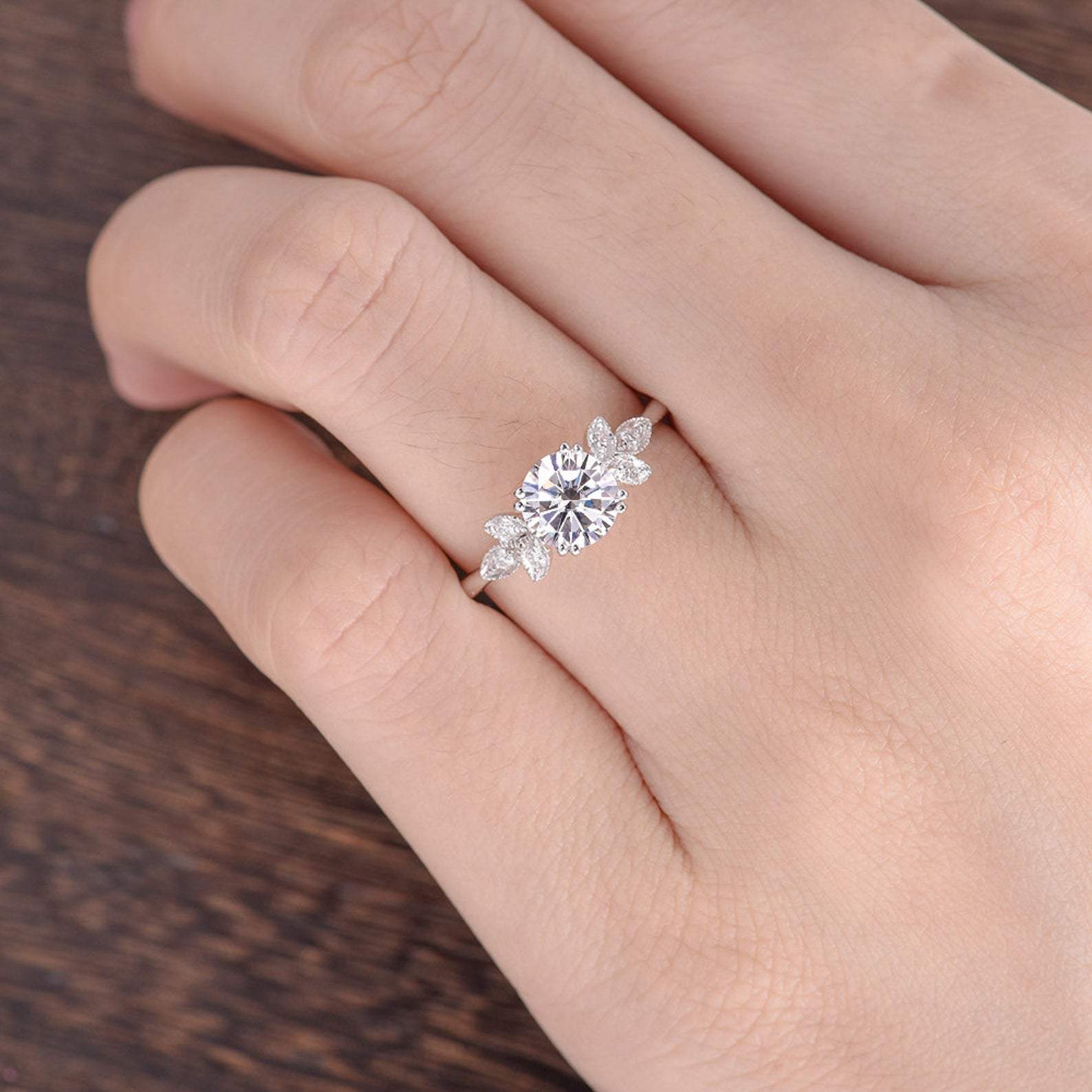 Round Cut Lab Diamond Engagement Ring, Unique Art Deco Design