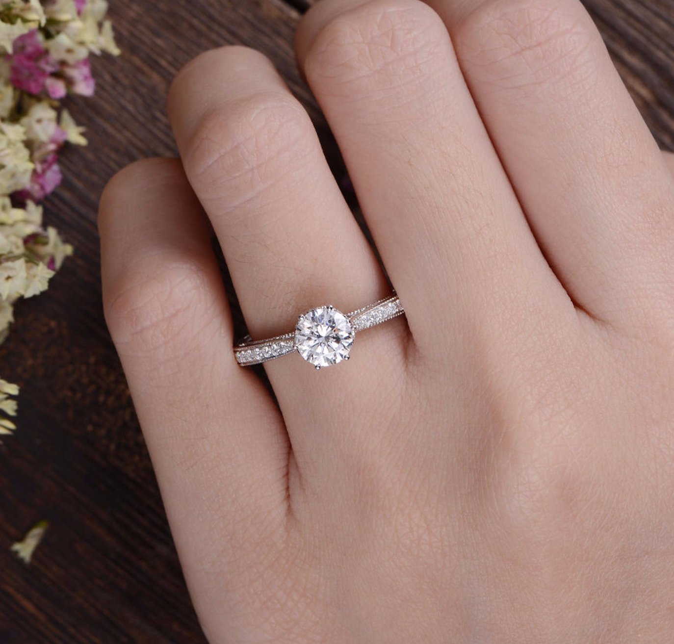 Round Cut Lab Diamond Engagement Ring, Unique Vintage Design