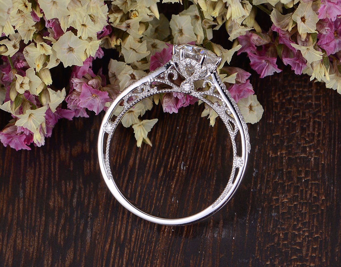 Round Cut Lab Diamond Engagement Ring, Unique Vintage Design