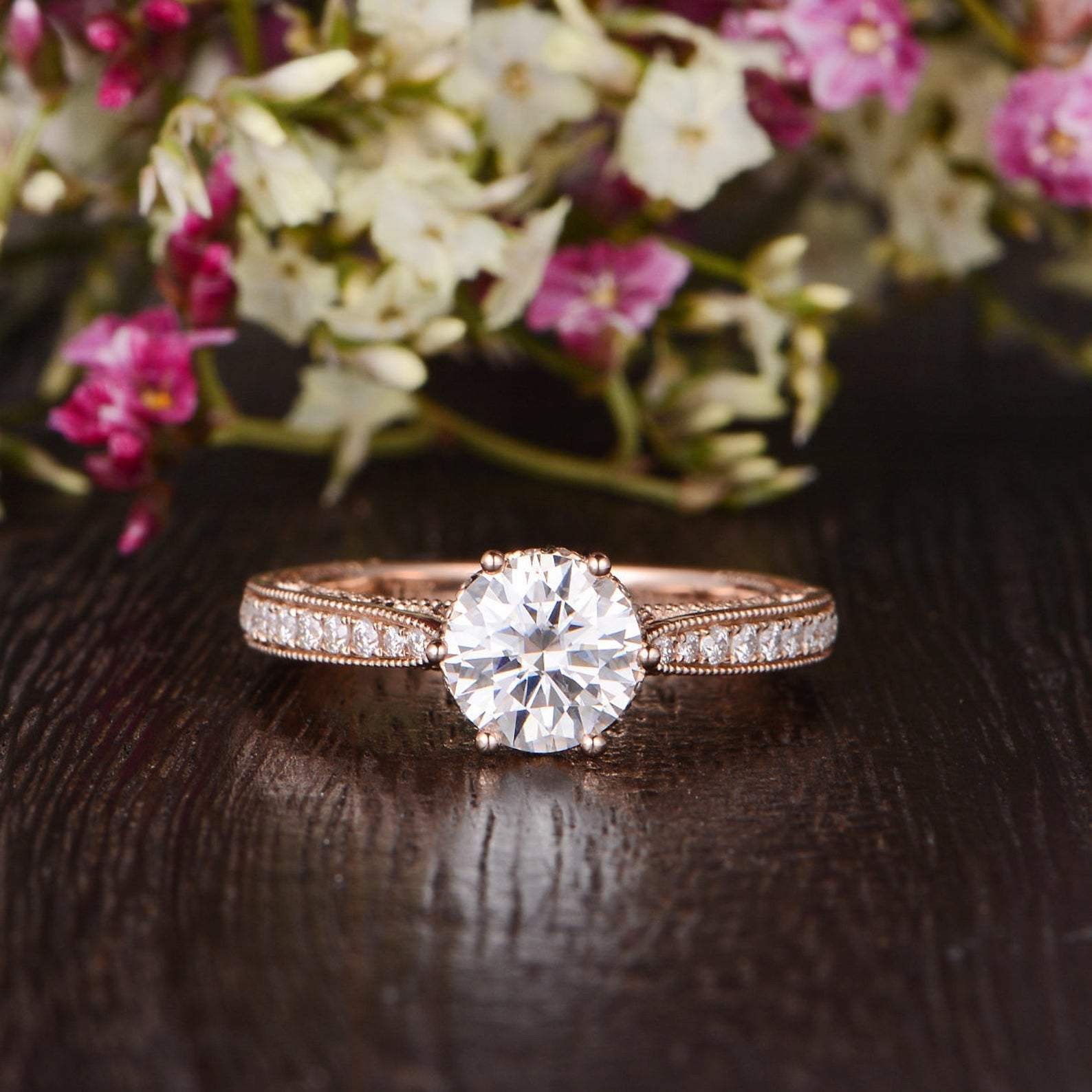 Round Cut Lab Diamond Engagement Ring, Unique Vintage Design