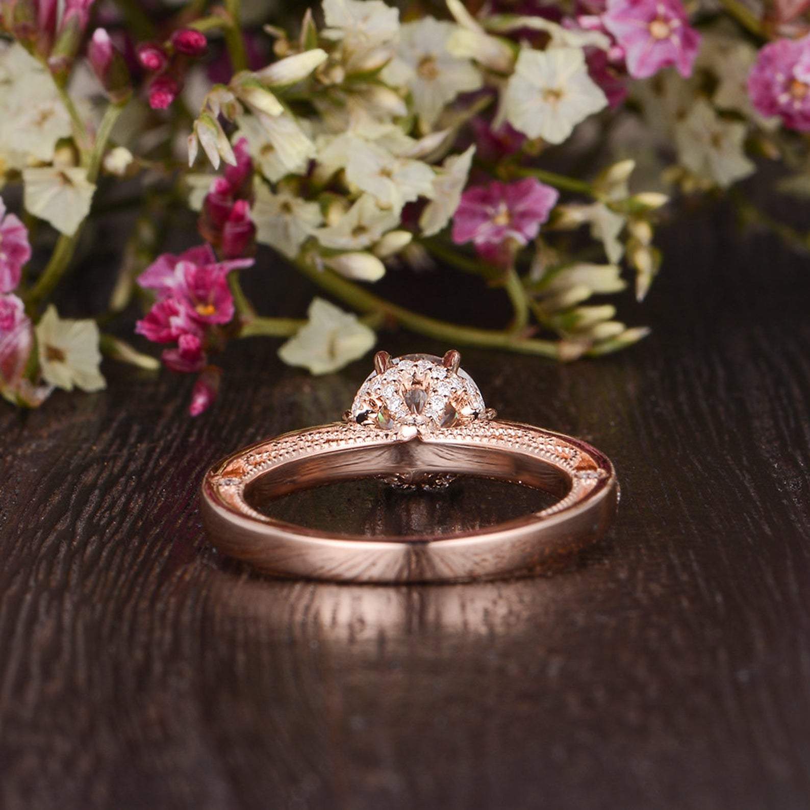 Round Cut Lab Diamond Engagement Ring, Unique Vintage Design