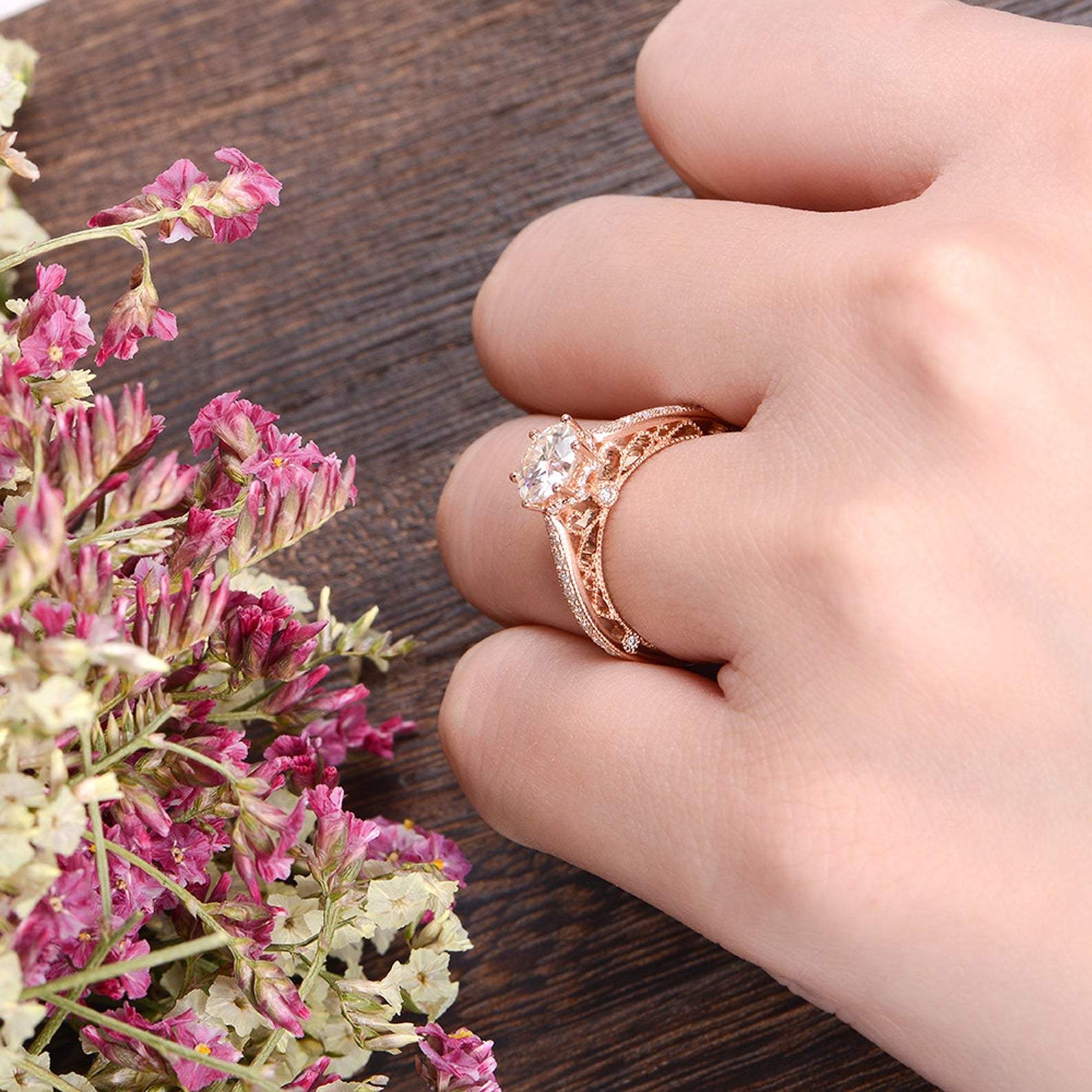 Round Cut Lab Diamond Engagement Ring, Unique Vintage Design