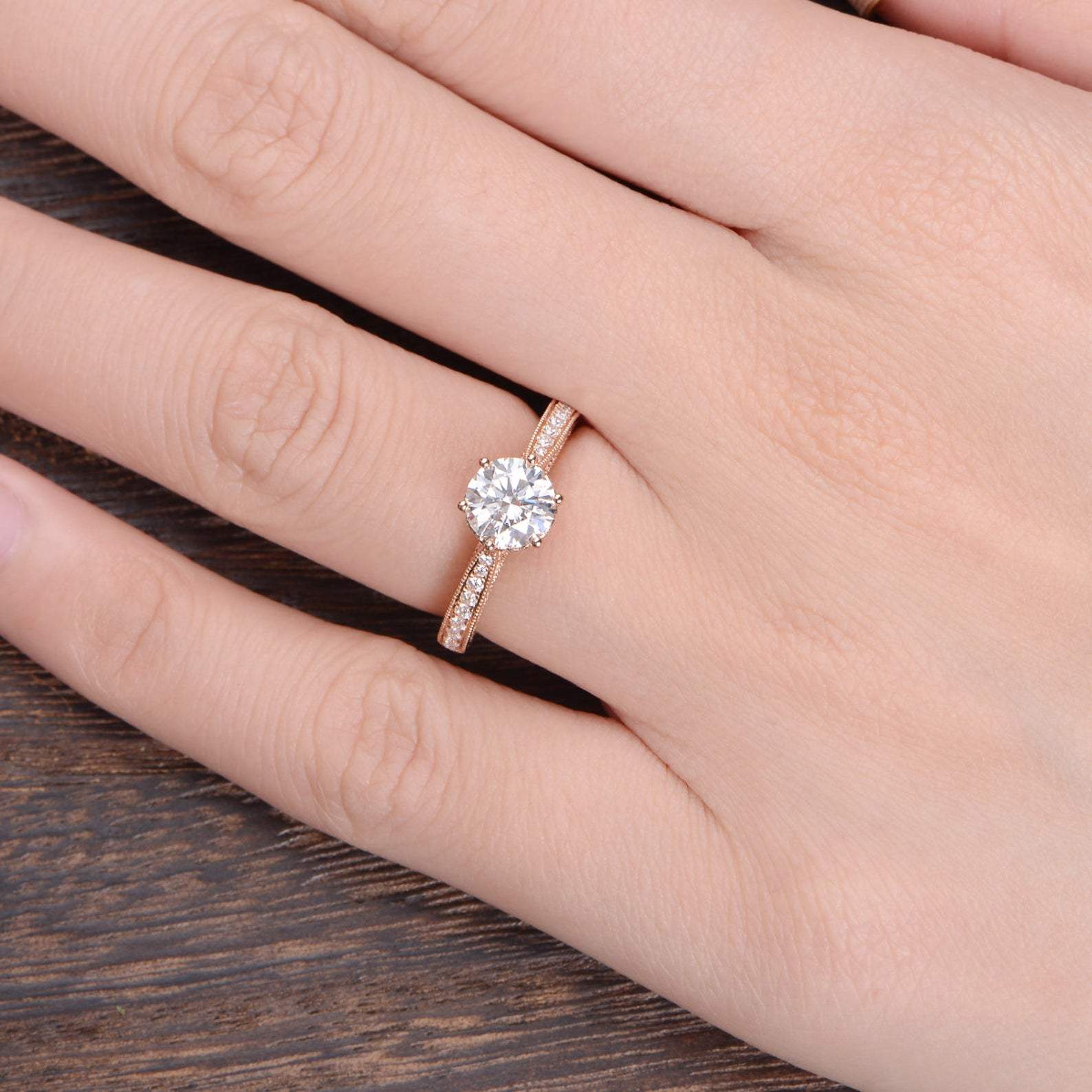 Round Cut Lab Diamond Engagement Ring, Unique Vintage Design