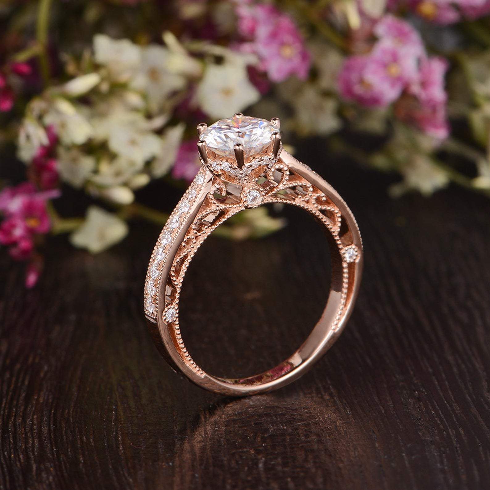 Round Cut Lab Diamond Engagement Ring, Unique Vintage Design