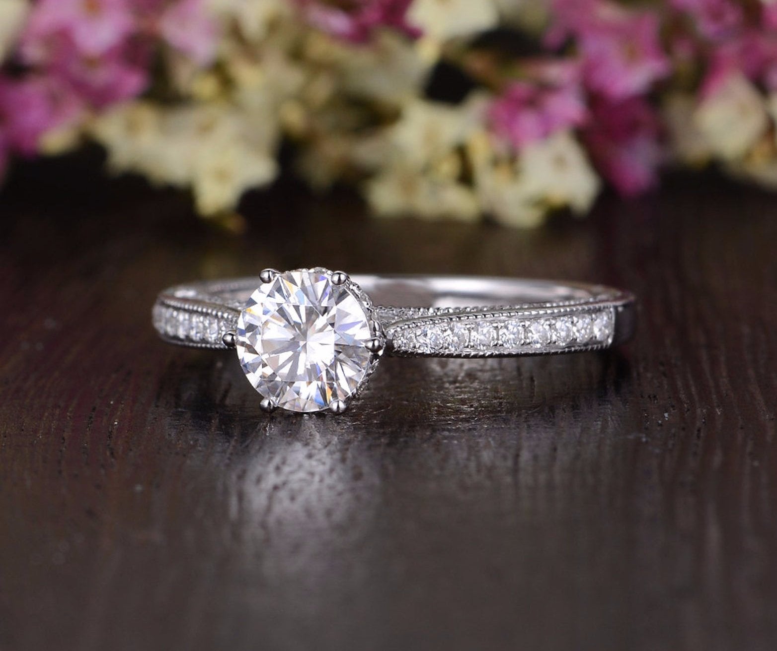 Round Cut Lab Diamond Engagement Ring, Unique Vintage Design