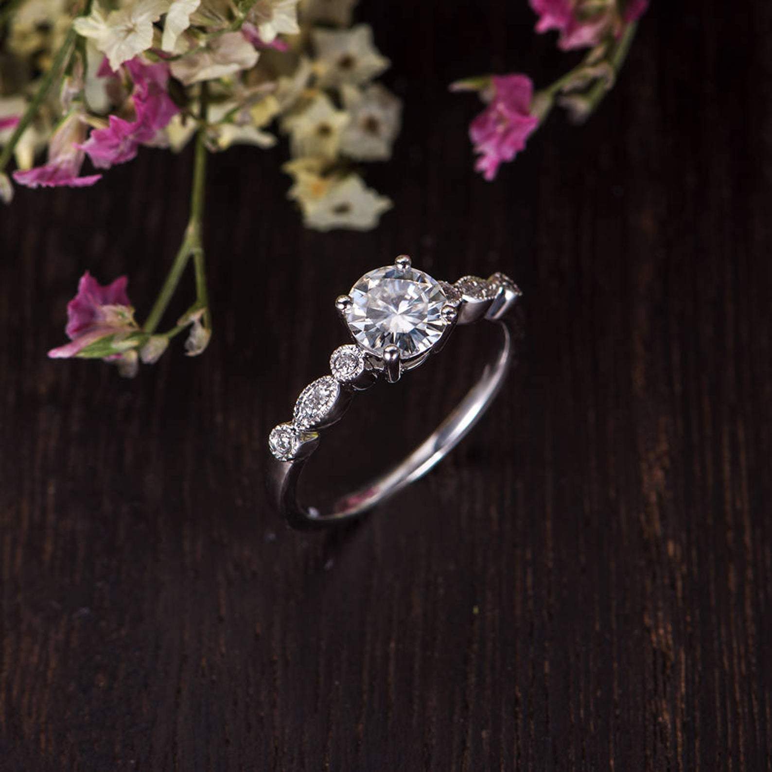 Round Cut Lab Diamond Engagement Ring, Vintage Design
