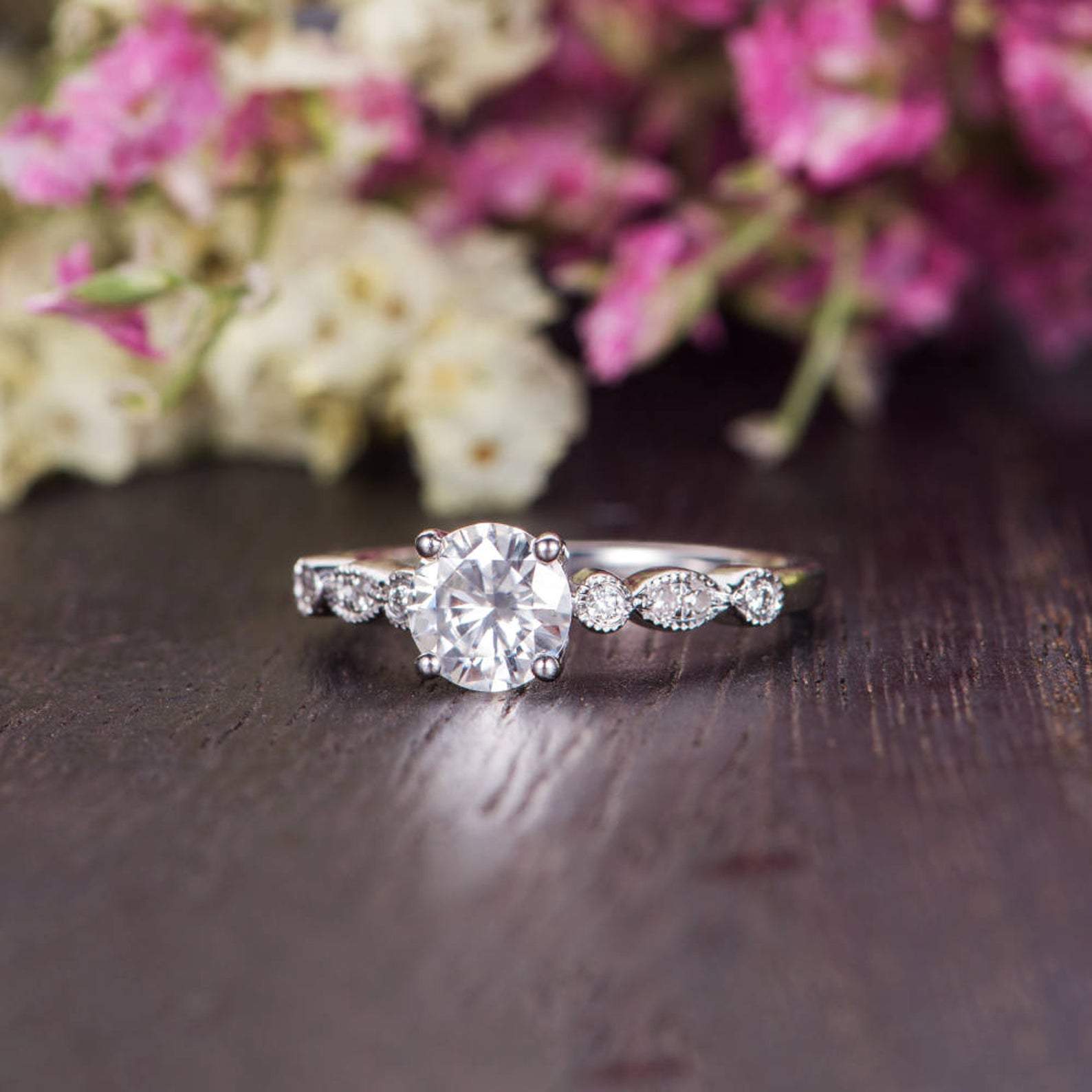 Round Cut Lab Diamond Engagement Ring, Vintage Design