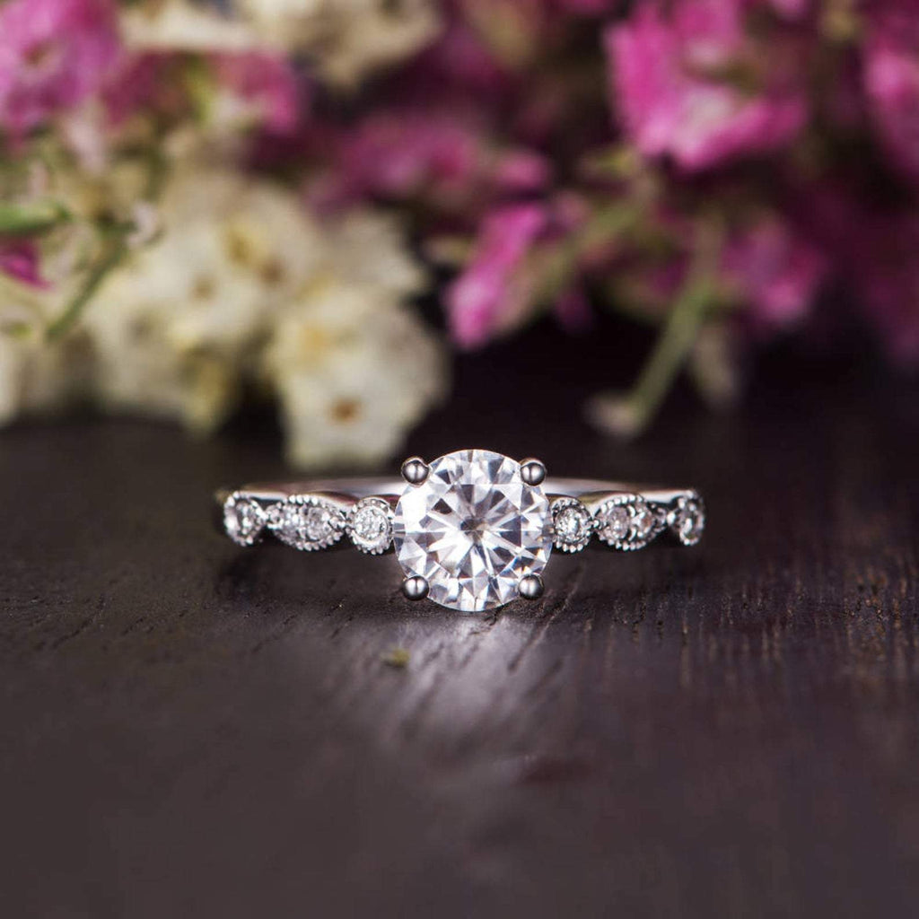 Round Cut Lab Diamond Engagement Ring, Vintage Design