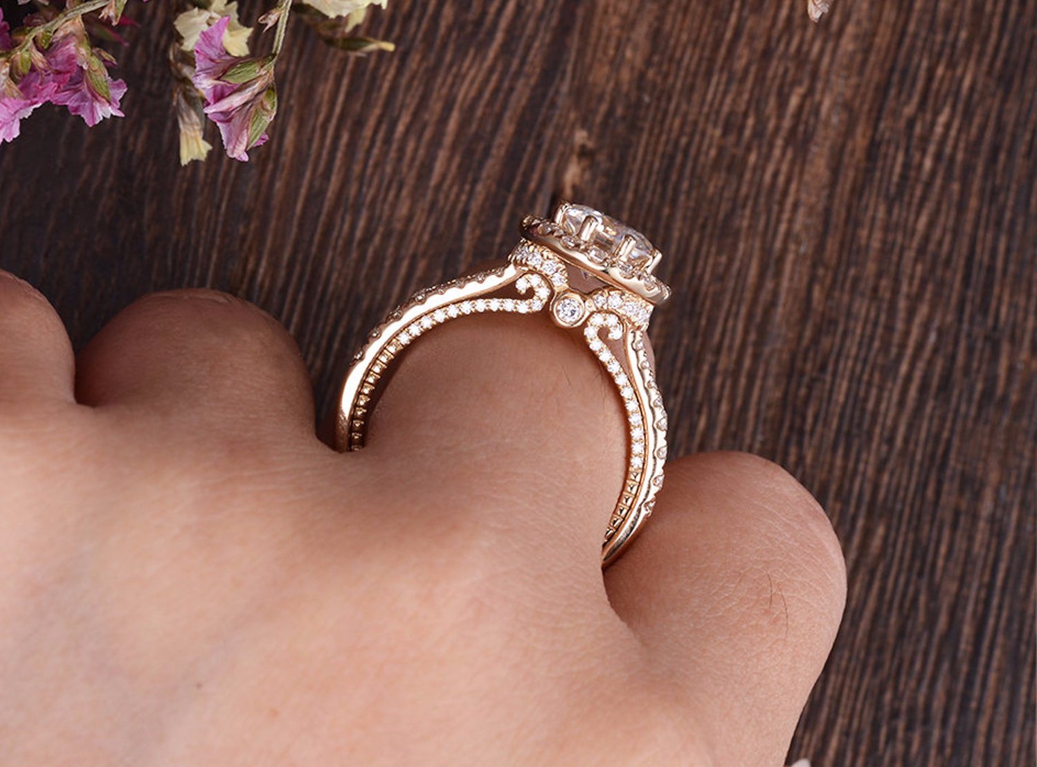 Round Cut Lab Diamond Engagement Ring, Vintage Halo Design