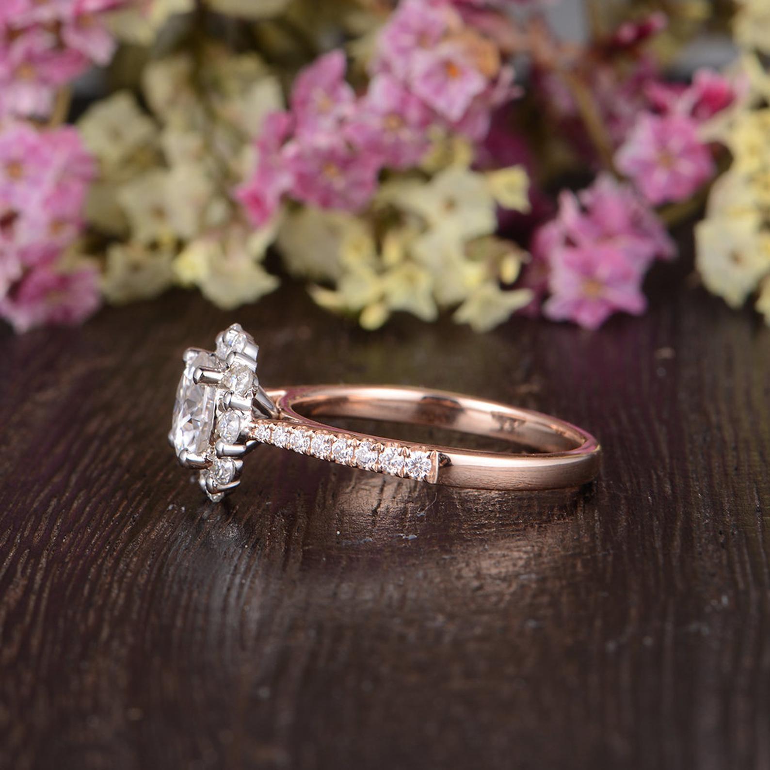Round Cut Lab Diamond Engagement Ring, Vintage Halo Design