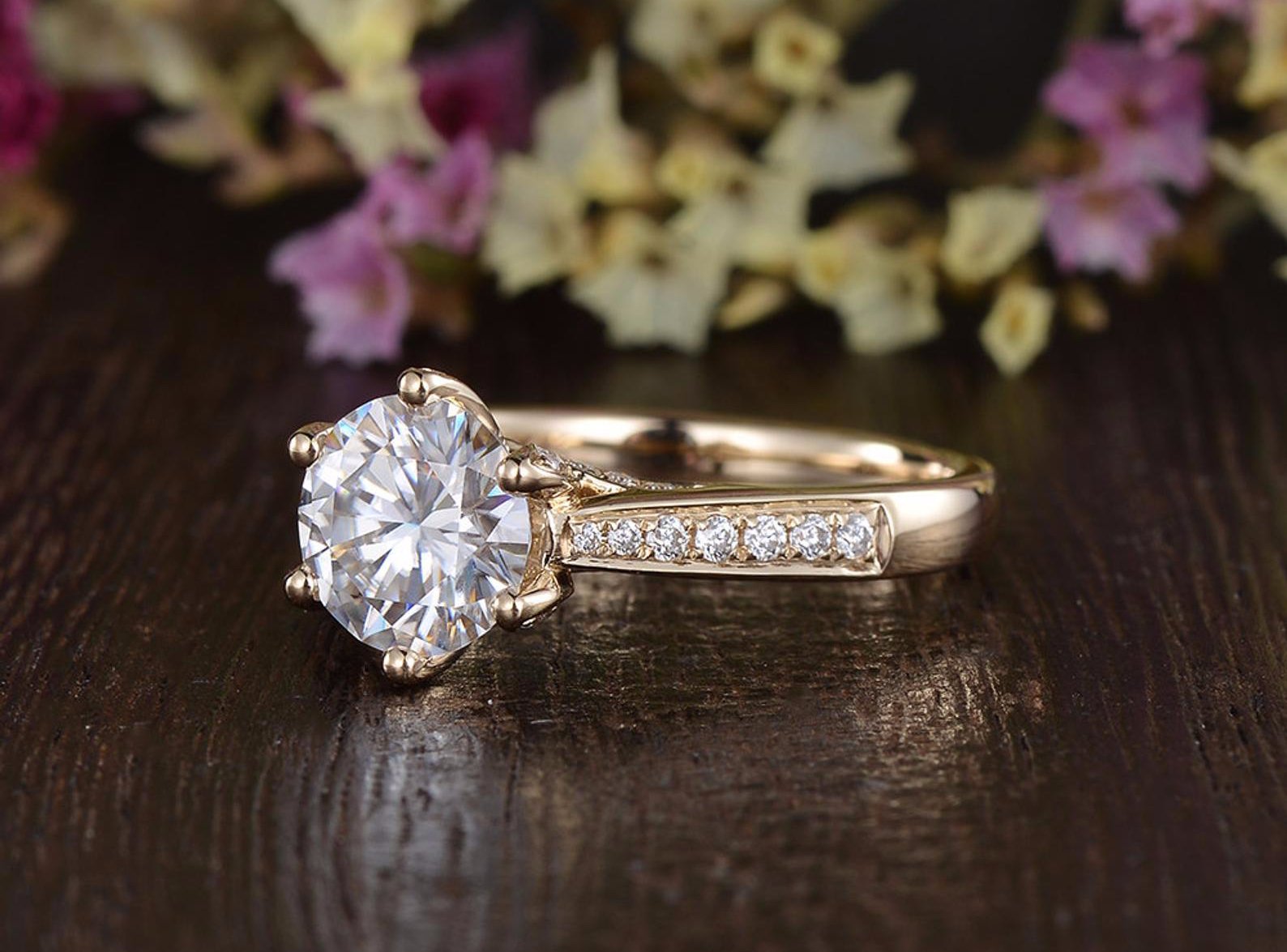 Round Cut Lab Diamond Engagement Ring, Vintage Six Claw Design
