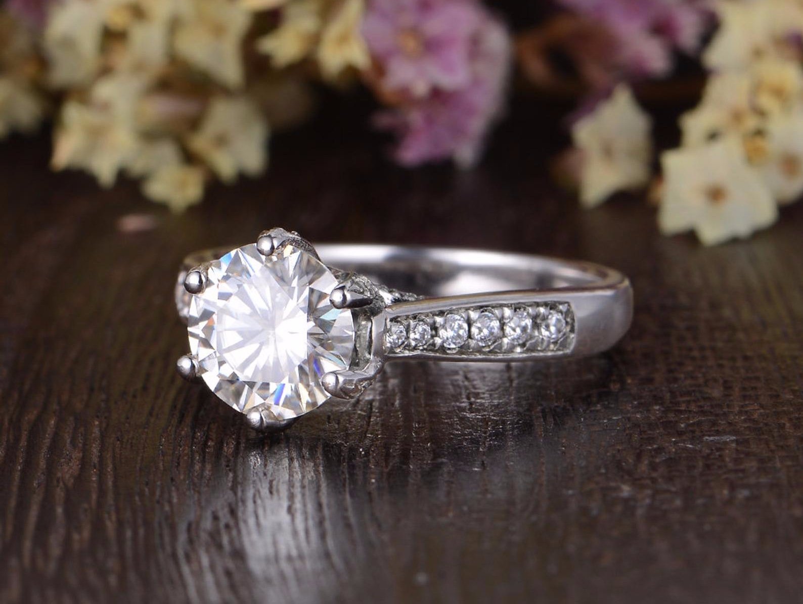 Round Cut Lab Diamond Engagement Ring, Vintage Six Claw Design