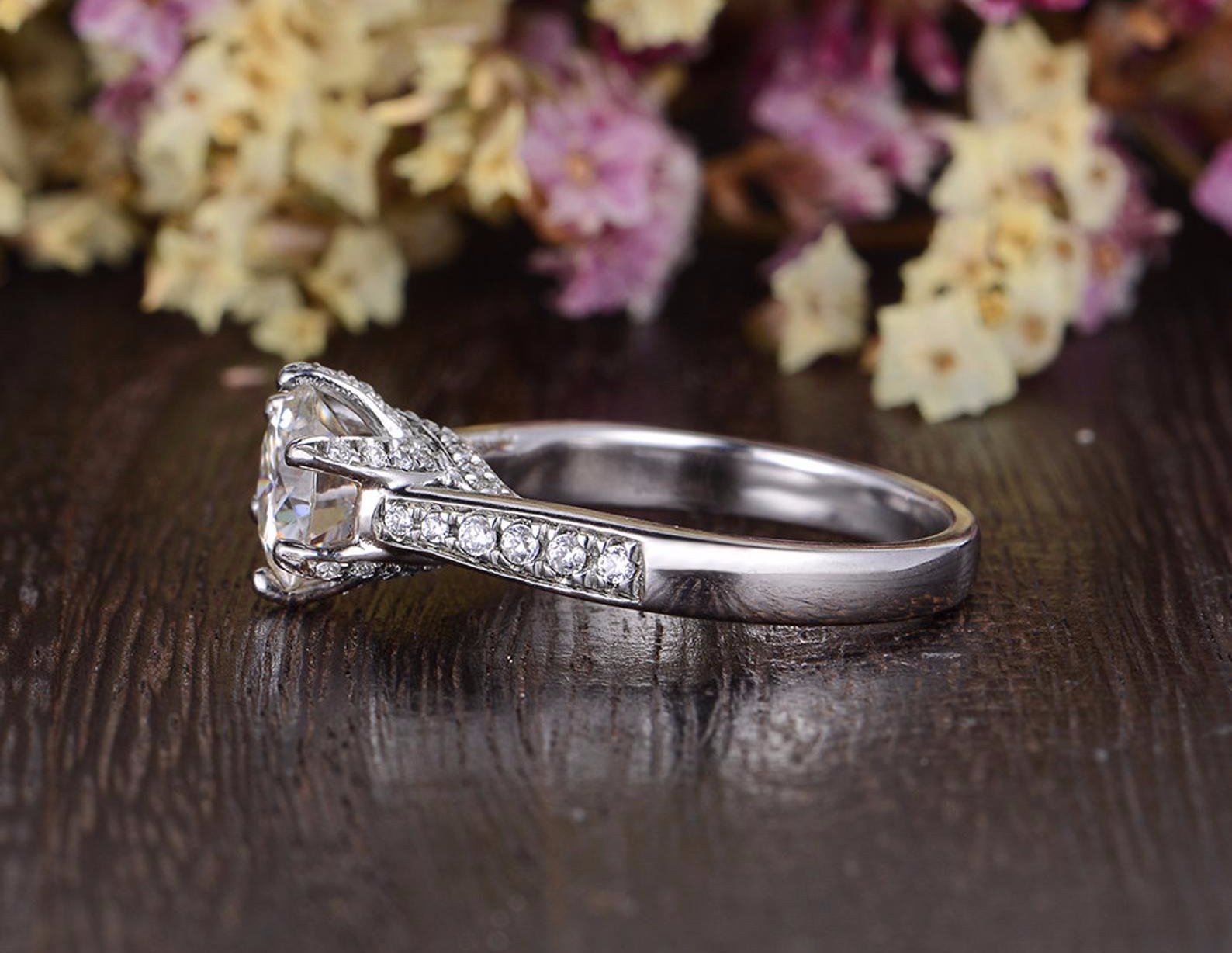 Round Cut Lab Diamond Engagement Ring, Vintage Six Claw Design