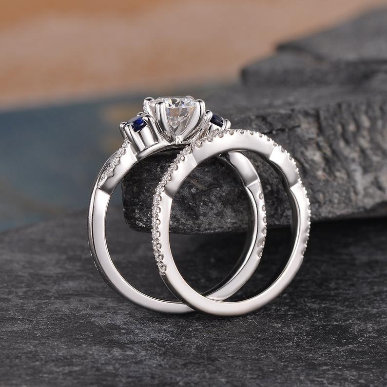 Round Cut Lab Diamond and Sapphire Ring set