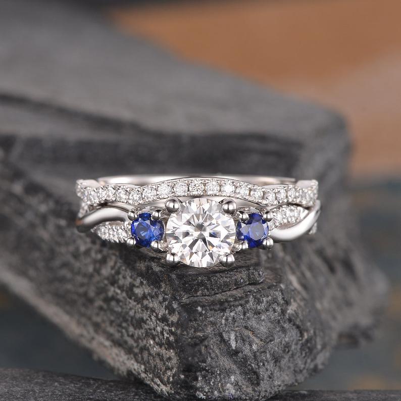 Round Cut Lab Diamond and Sapphire Ring set