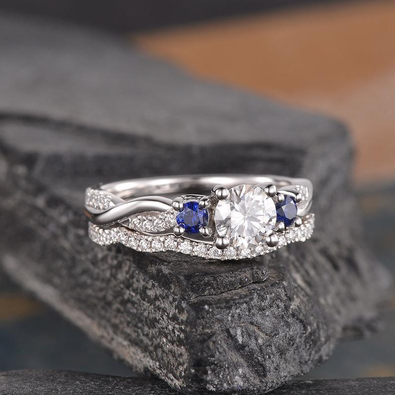 Round Cut Lab Diamond and Sapphire Ring set