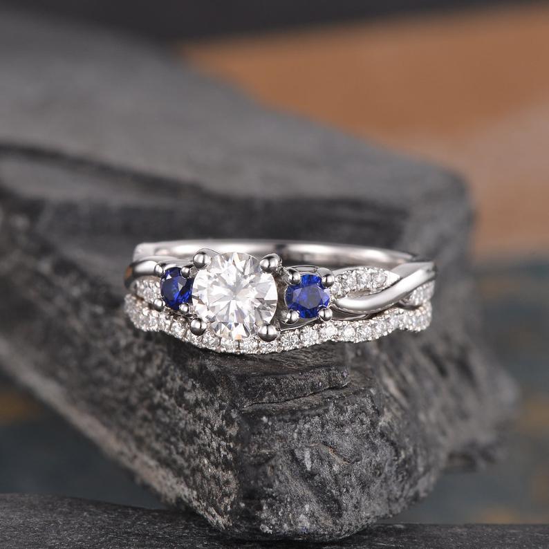 Round Cut Lab Diamond and Sapphire Ring set