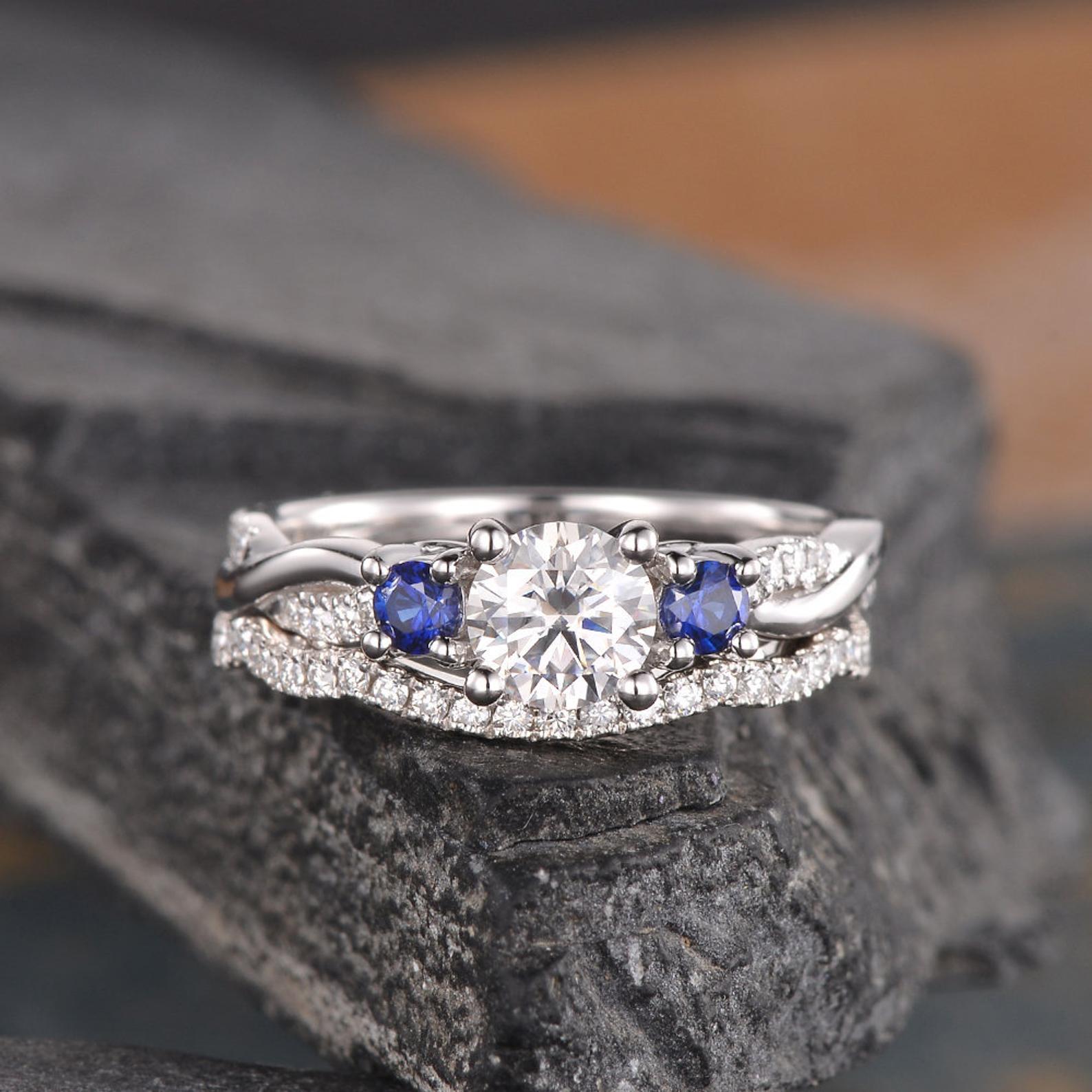 Round Cut Lab Diamond and Sapphire Ring set