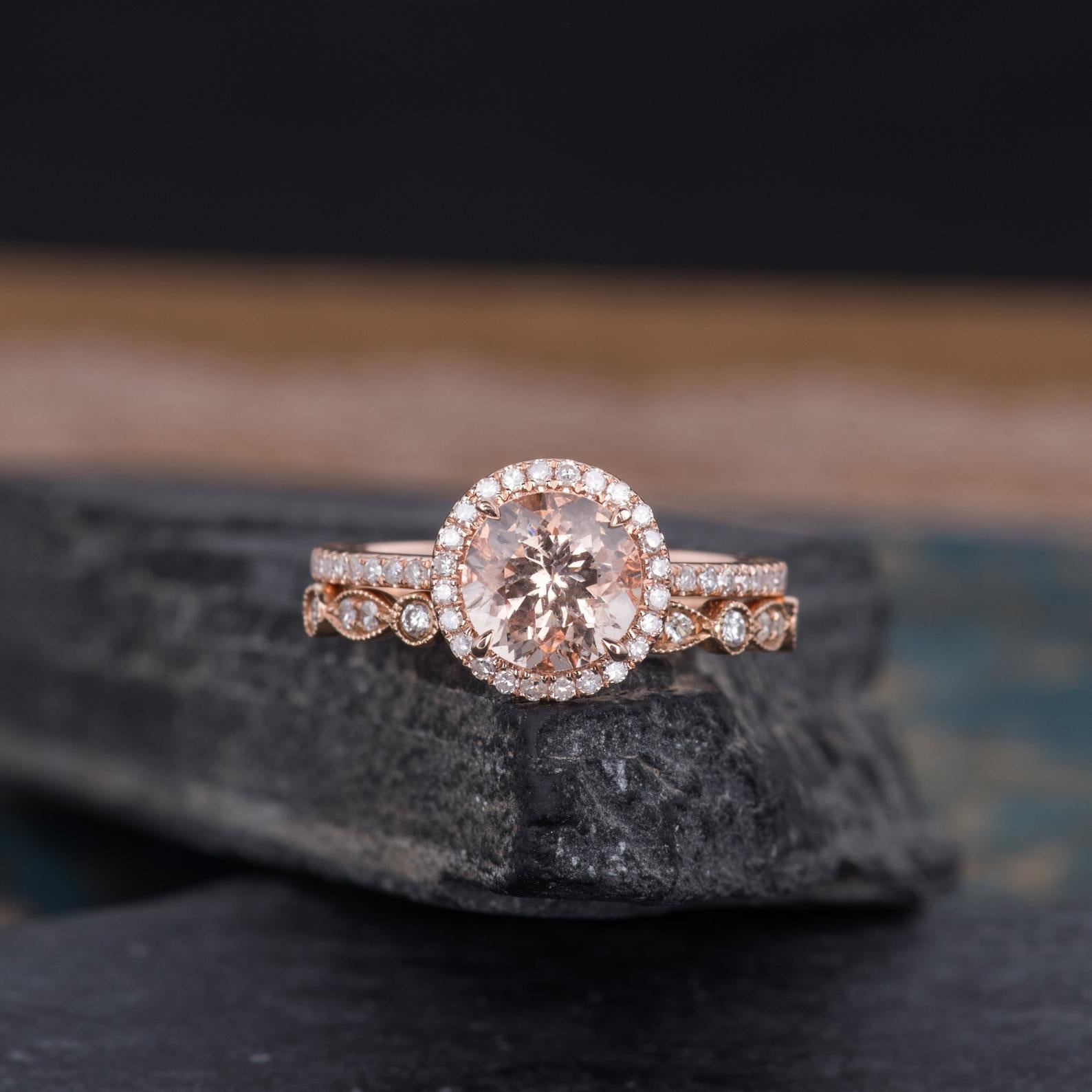 Round Cut Morganite & Lab Diamond Bridal Ring set