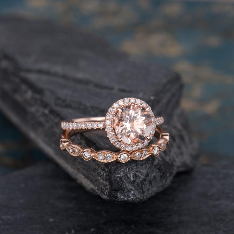 Round Cut Morganite & Lab Diamond Bridal Ring set