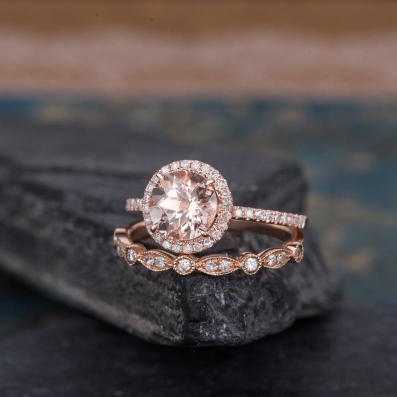 Round Cut Morganite & Lab Diamond Bridal Ring set