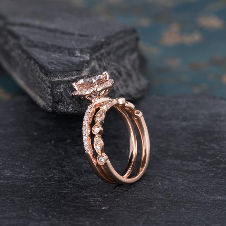 Round Cut Morganite & Lab Diamond Bridal Ring set