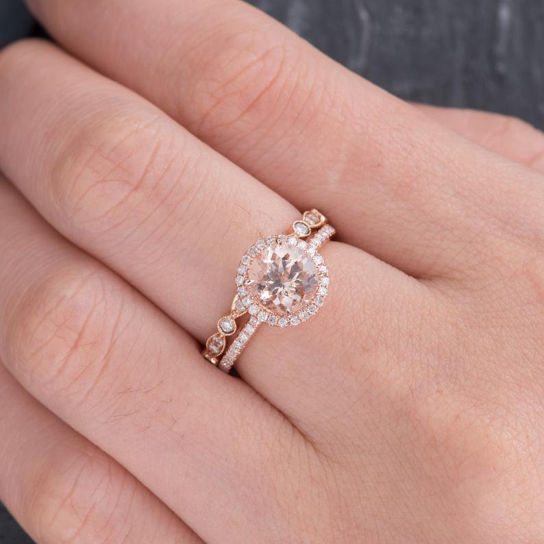 Round Cut Morganite & Lab Diamond Bridal Ring set
