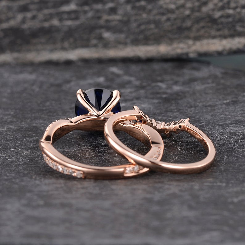Vintage Bridal Ring Set, Round Cut Blue Sapphire