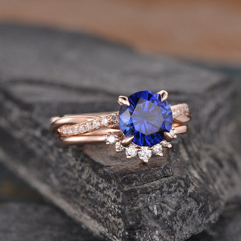 Vintage Bridal Ring Set, Round Cut Blue Sapphire