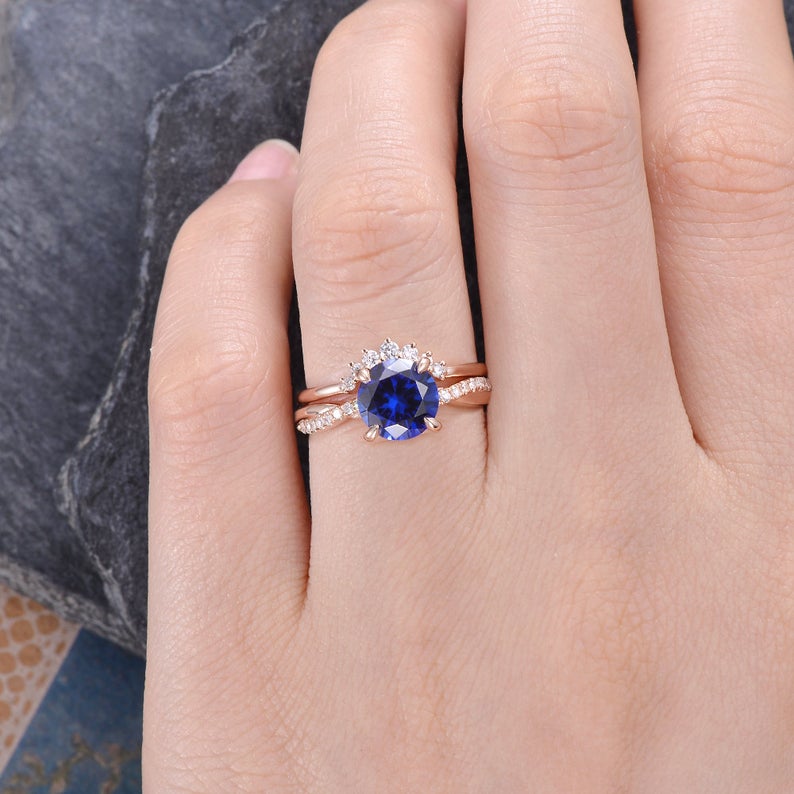 Vintage Bridal Ring Set, Round Cut Blue Sapphire