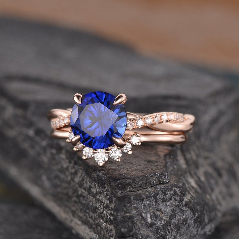 Vintage Bridal Ring Set, Round Cut Blue Sapphire
