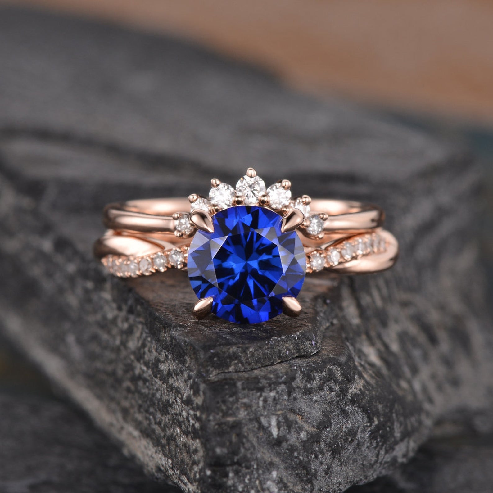 Vintage Bridal Ring Set, Round Cut Blue Sapphire