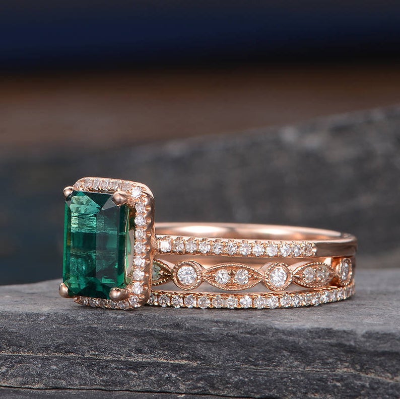 Vintage Inspired Emerald Bridal Ring Set, Emerald Cut