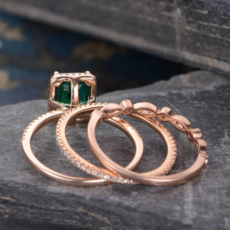 Vintage Inspired Emerald Bridal Ring Set, Emerald Cut