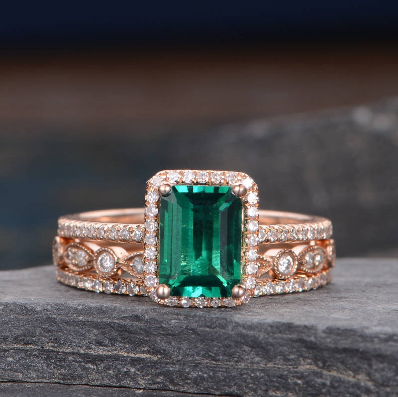 Vintage Inspired Emerald Bridal Ring Set, Emerald Cut