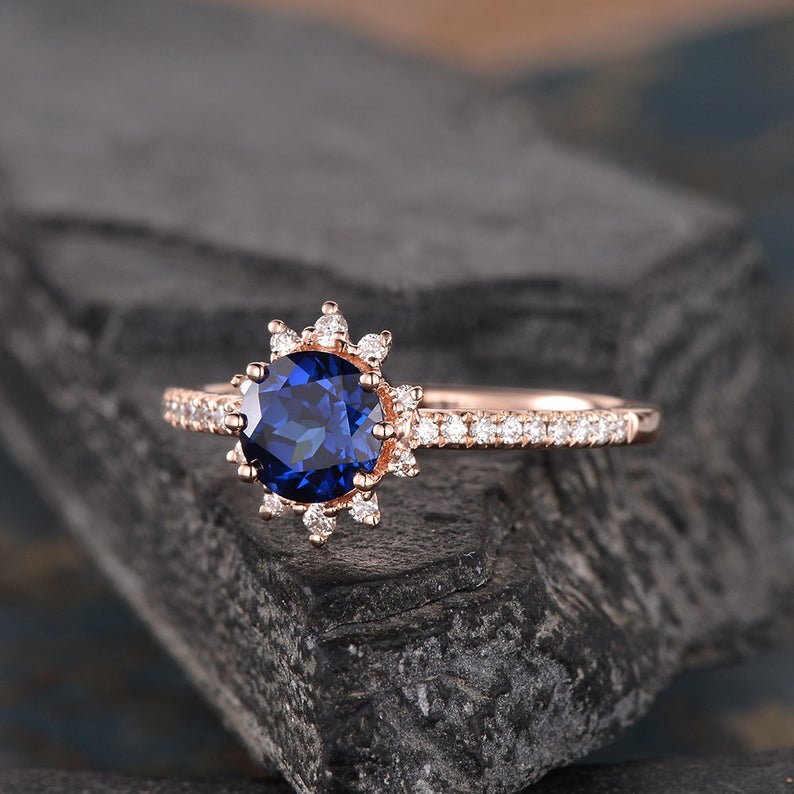 Vintage Inspired Round Cut Blue Sapphire Halo Ring