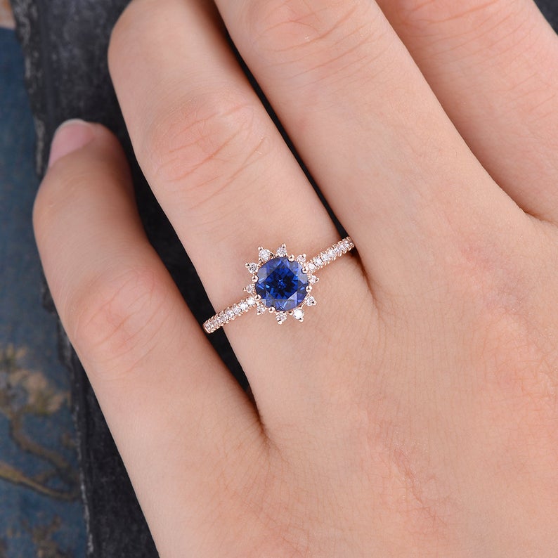 Vintage Inspired Round Cut Blue Sapphire Halo Ring