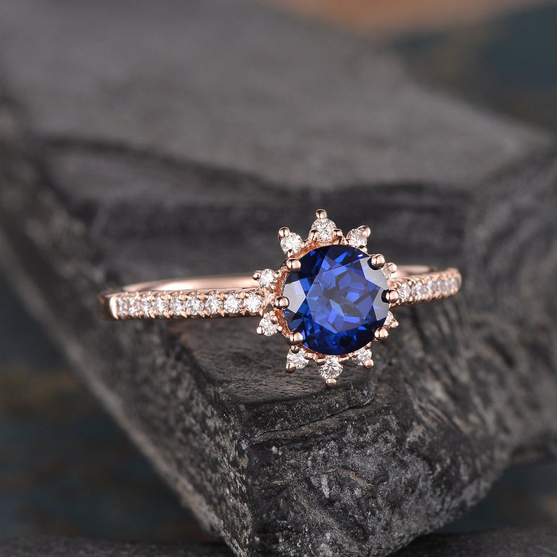 Vintage Inspired Round Cut Blue Sapphire Halo Ring