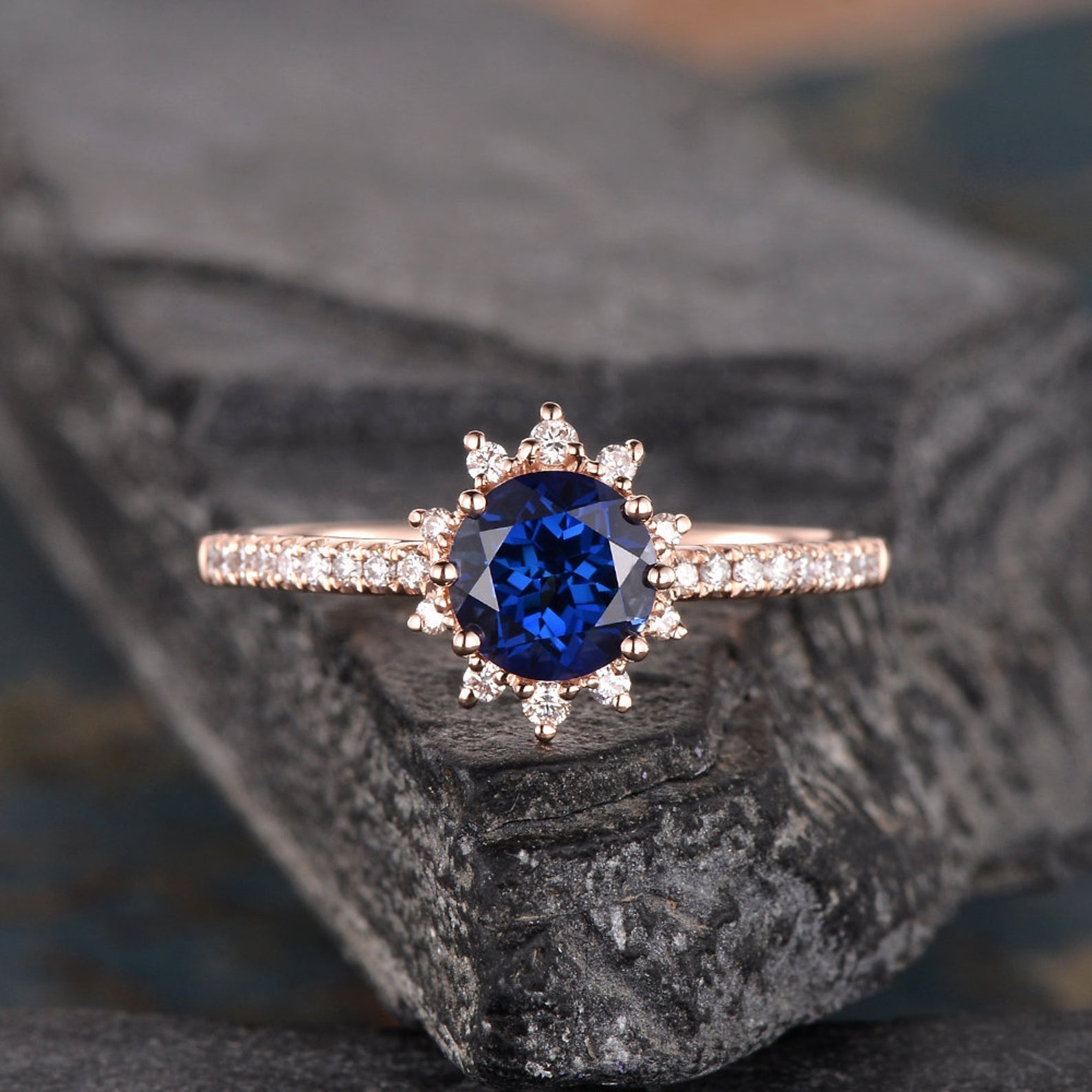 Vintage Inspired Round Cut Blue Sapphire Halo Ring