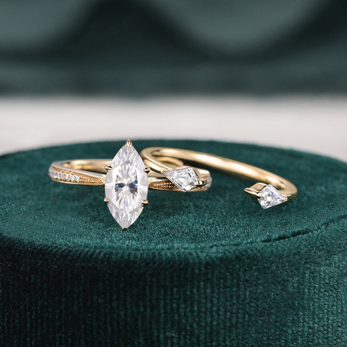 Vintage Style Bridal Ring Set, Marquise Cut