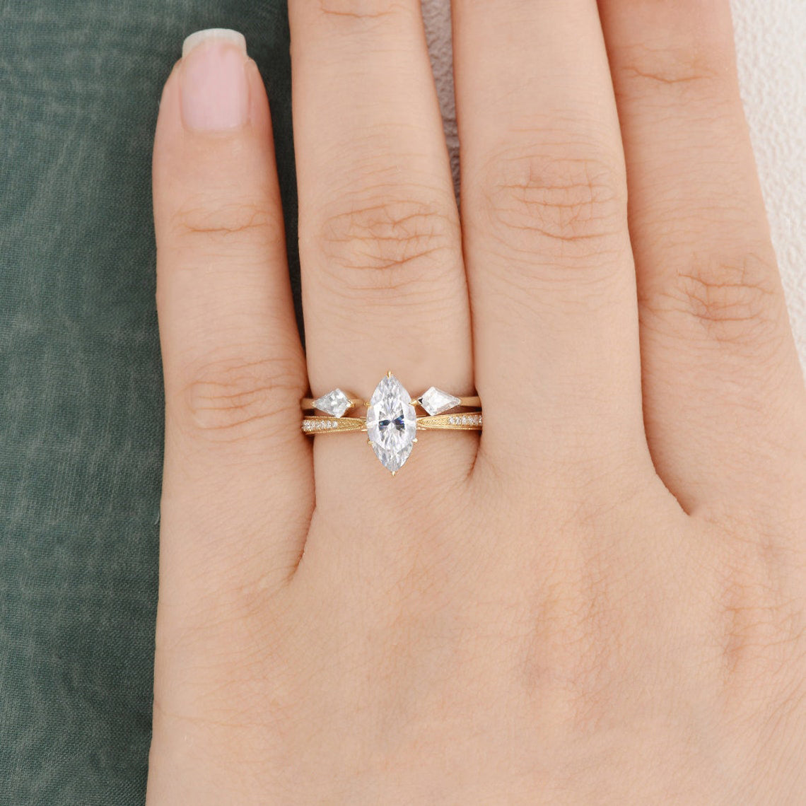 Vintage Style Bridal Ring Set, Marquise Cut