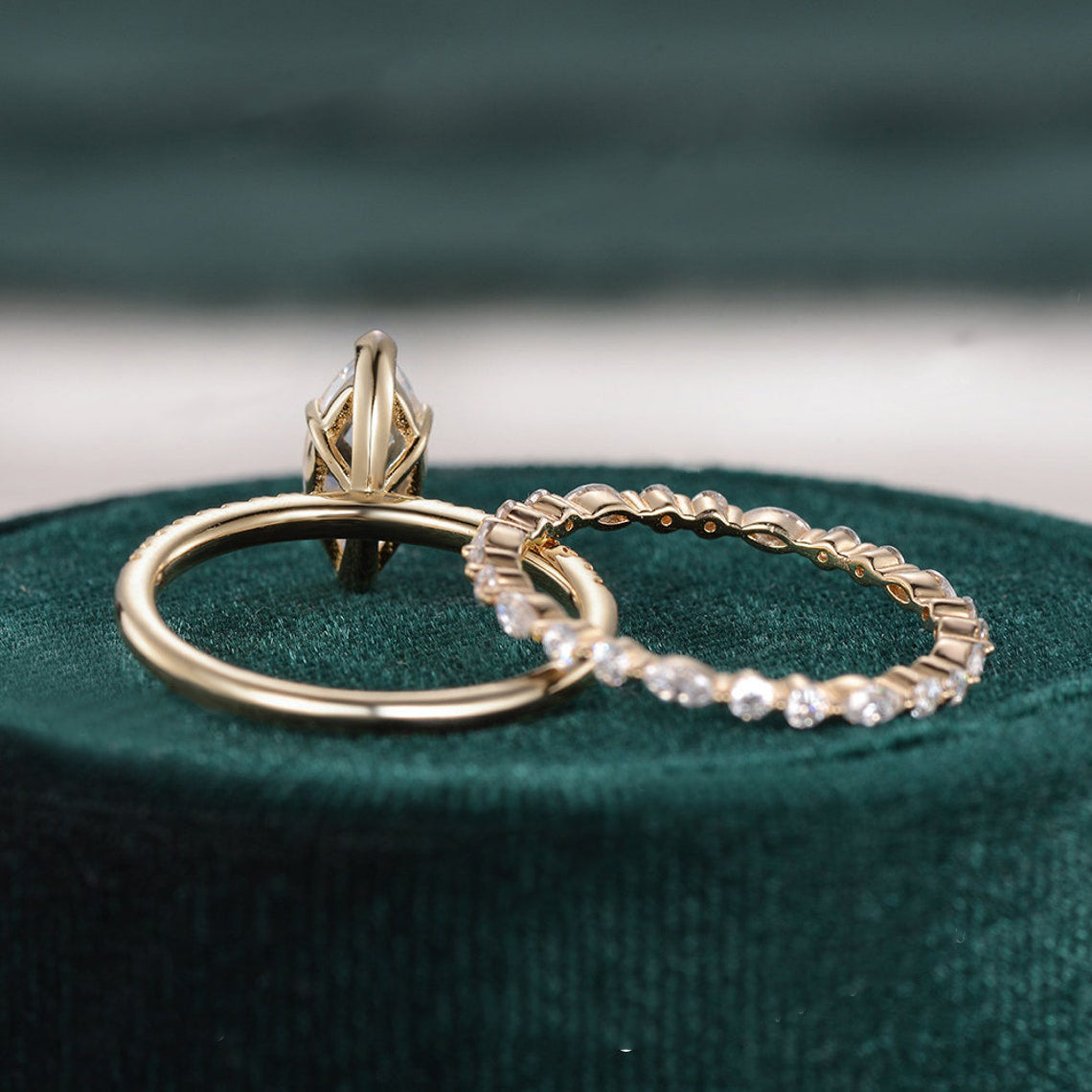 Vintage Style Bridal Ring Set, Marquise Cut