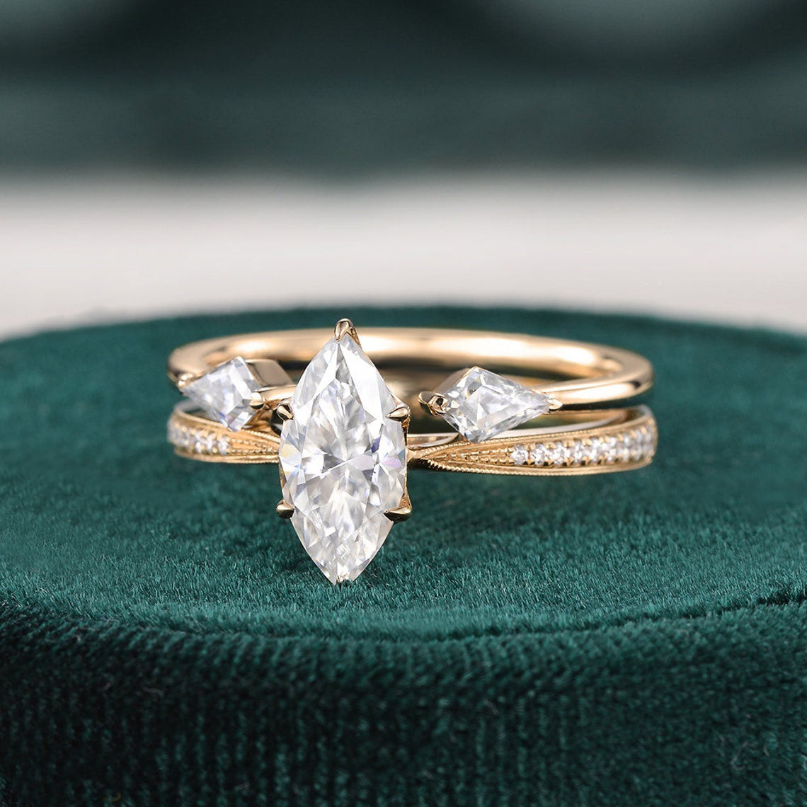Vintage Style Bridal Ring Set, Marquise Cut