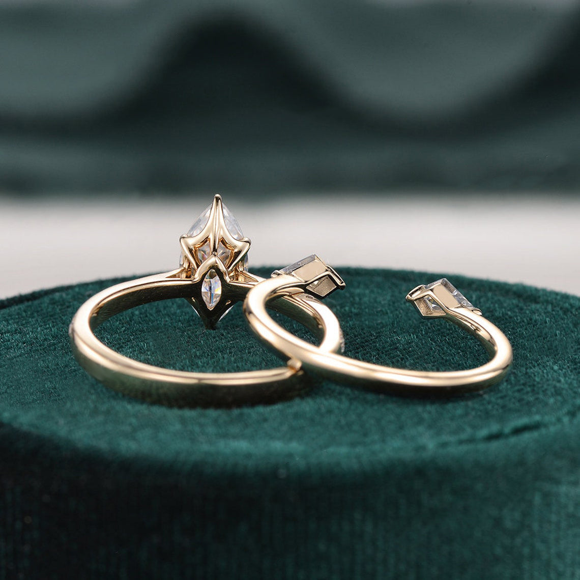 Vintage Style Bridal Ring Set, Marquise Cut