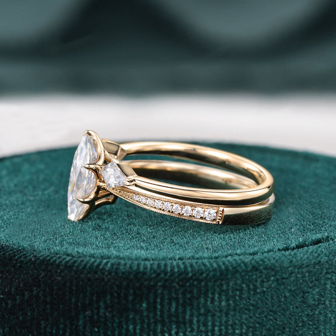Vintage Style Bridal Ring Set, Marquise Cut