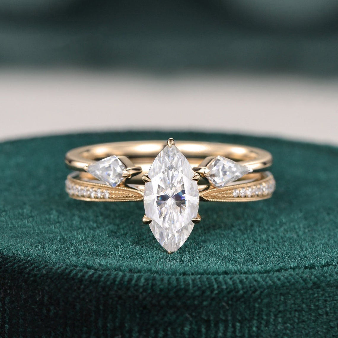 Vintage Style Bridal Ring Set, Marquise Cut