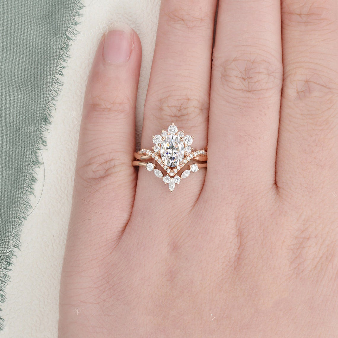 Vintage Style Bridal Ring Set, Oval Cut Center Stone