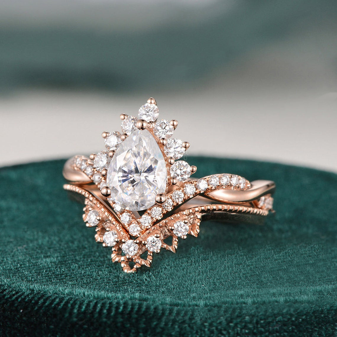 Vintage Style Bridal Ring Set, Oval Cut Center Stone